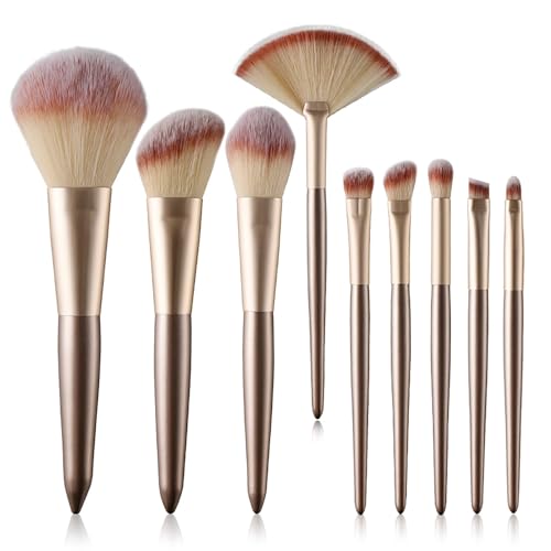 Professional Makeup Brush Set, Set of 9 Pcs Gold, Travel Size Cosmetic Brushes Kit for Face Foundation Blush Eye Shadow,Makeup Brush, Makeup Brush Kit, with PU leather carrying Bag, Wooden Handle