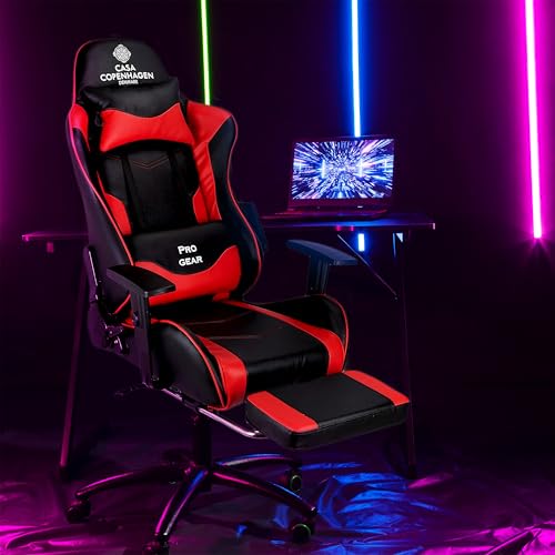 Casa Copenhagen Designed in Denmark, High-Back Italian Leather Gaming Ergonomic Chair with Footrest, Luxurious Memory Foam Seating & Multi Function Arm - Red & Black