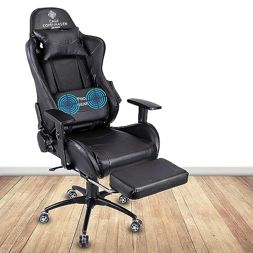 Casa Copenhagen Racing, High-Back Italian Leather Gaming Ergonomic Chair with Advanced Mechanism & Electric Back Massager, Luxurious Memory Foam Seating & Multi Function Arm-Rest - Charcoal Black